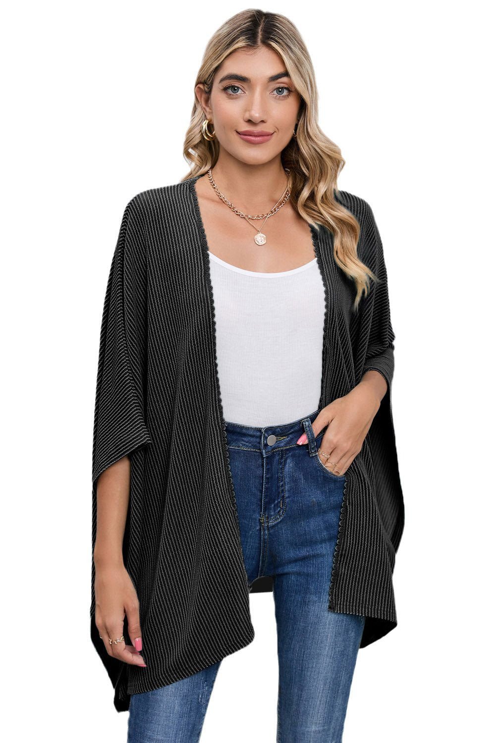 Apricot Textured Lace Trim Open Front Kimono Cardigan - Vesteeto