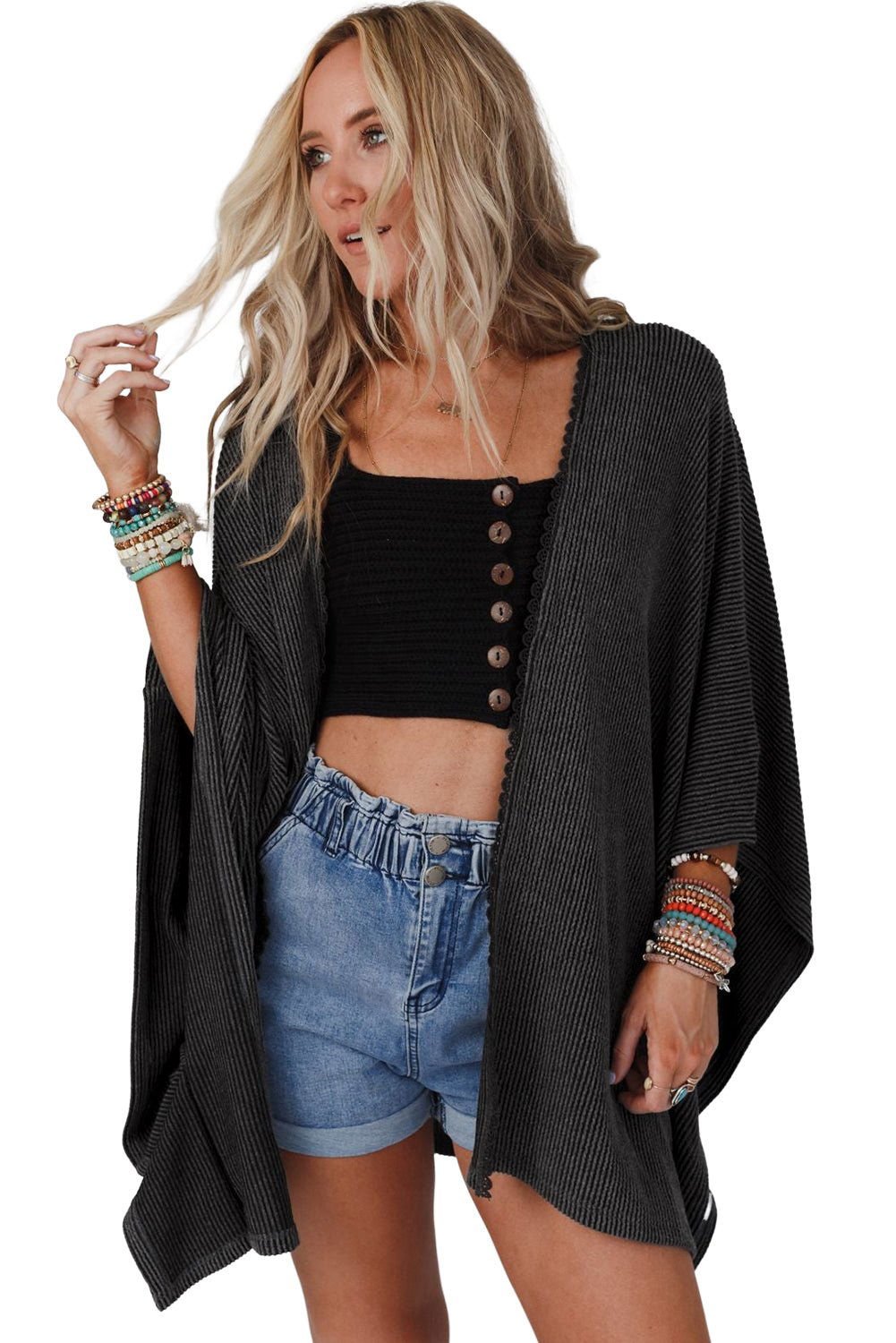 Apricot Textured Lace Trim Open Front Kimono Cardigan - Vesteeto