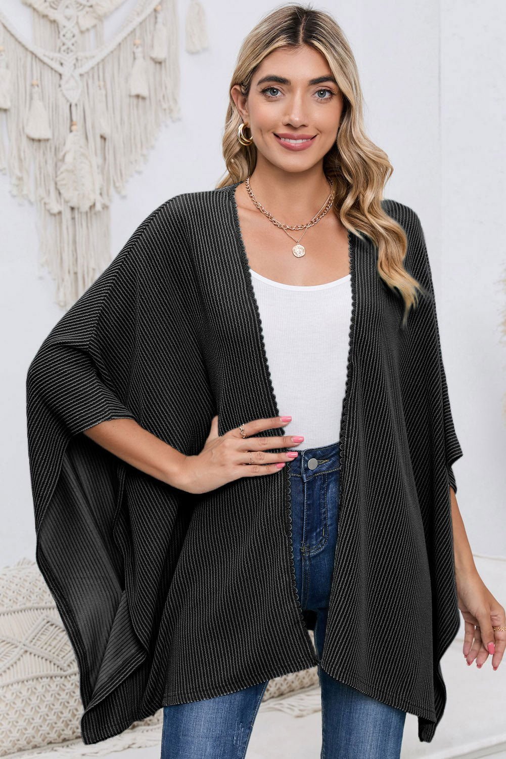 Apricot Textured Lace Trim Open Front Kimono Cardigan - Vesteeto