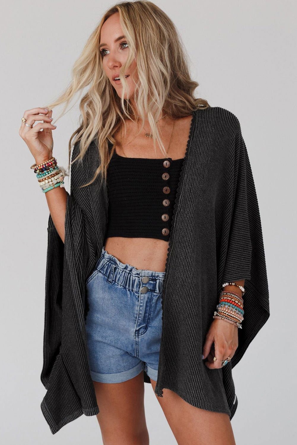 Apricot Textured Lace Trim Open Front Kimono Cardigan - Vesteeto