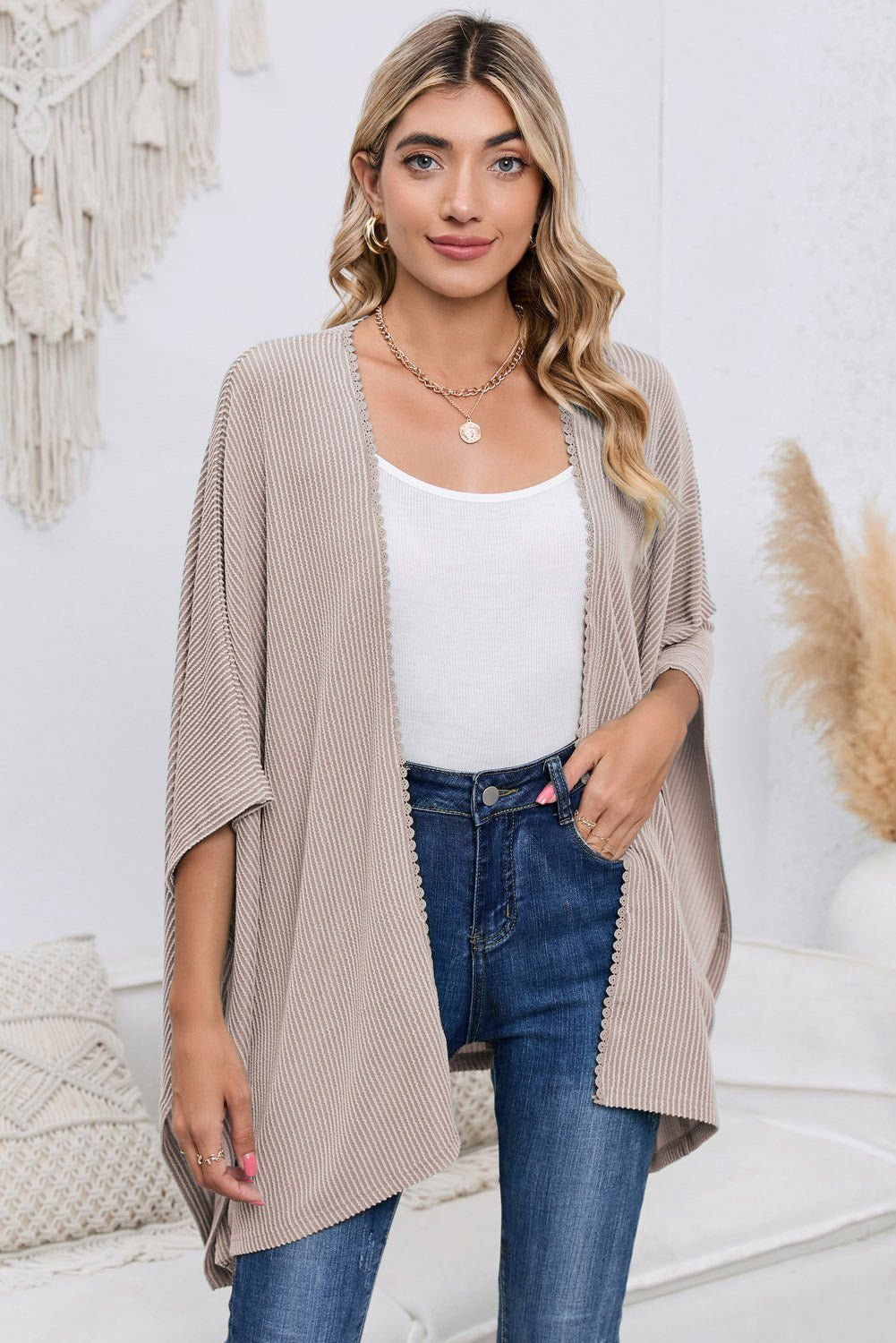 Apricot Textured Lace Trim Open Front Kimono Cardigan - Vesteeto