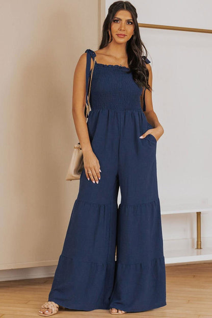 Apricot Tie Straps Shirred Casual Tiered Wide Leg Jumpsuit - Vesteeto