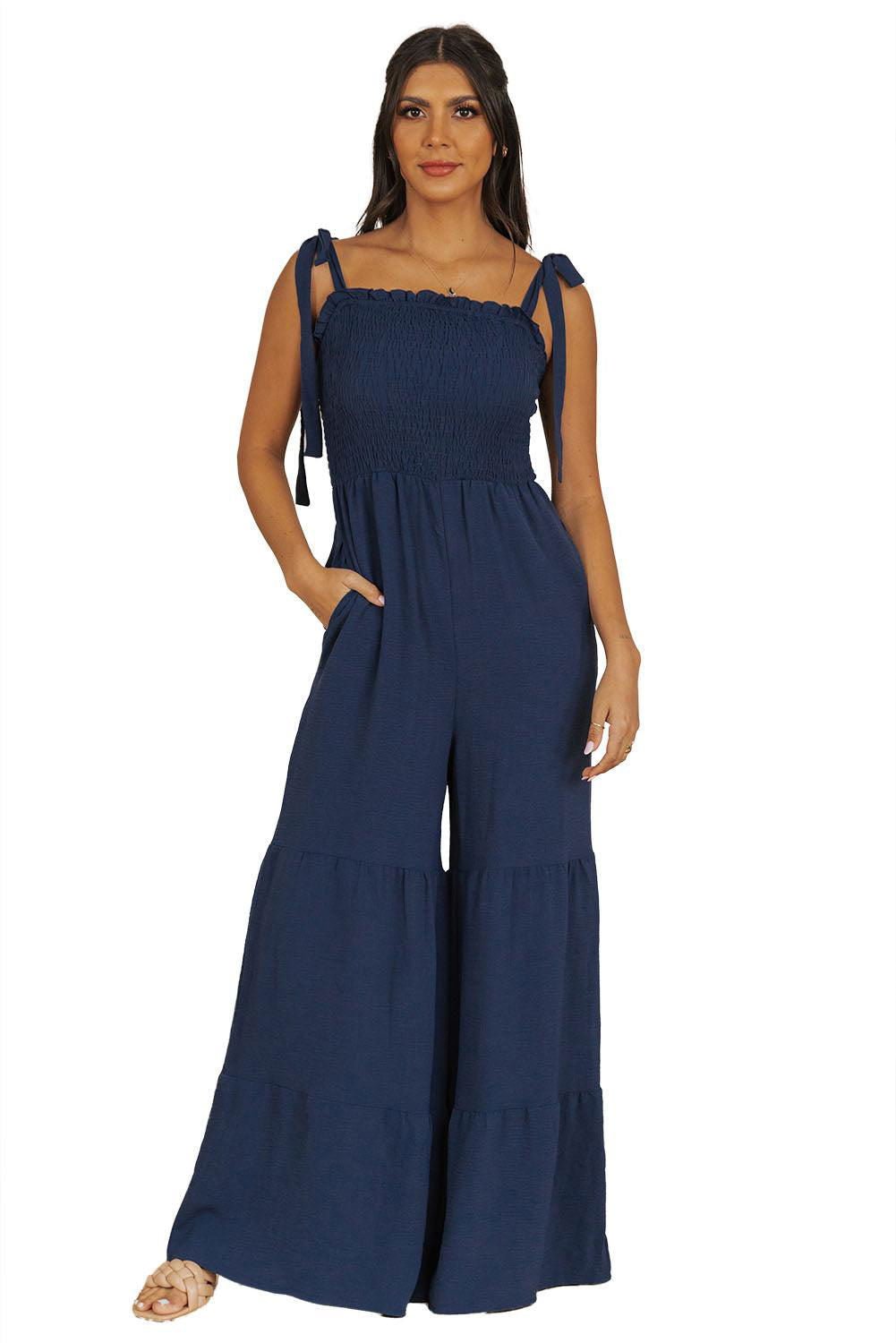 Apricot Tie Straps Shirred Casual Tiered Wide Leg Jumpsuit - Vesteeto