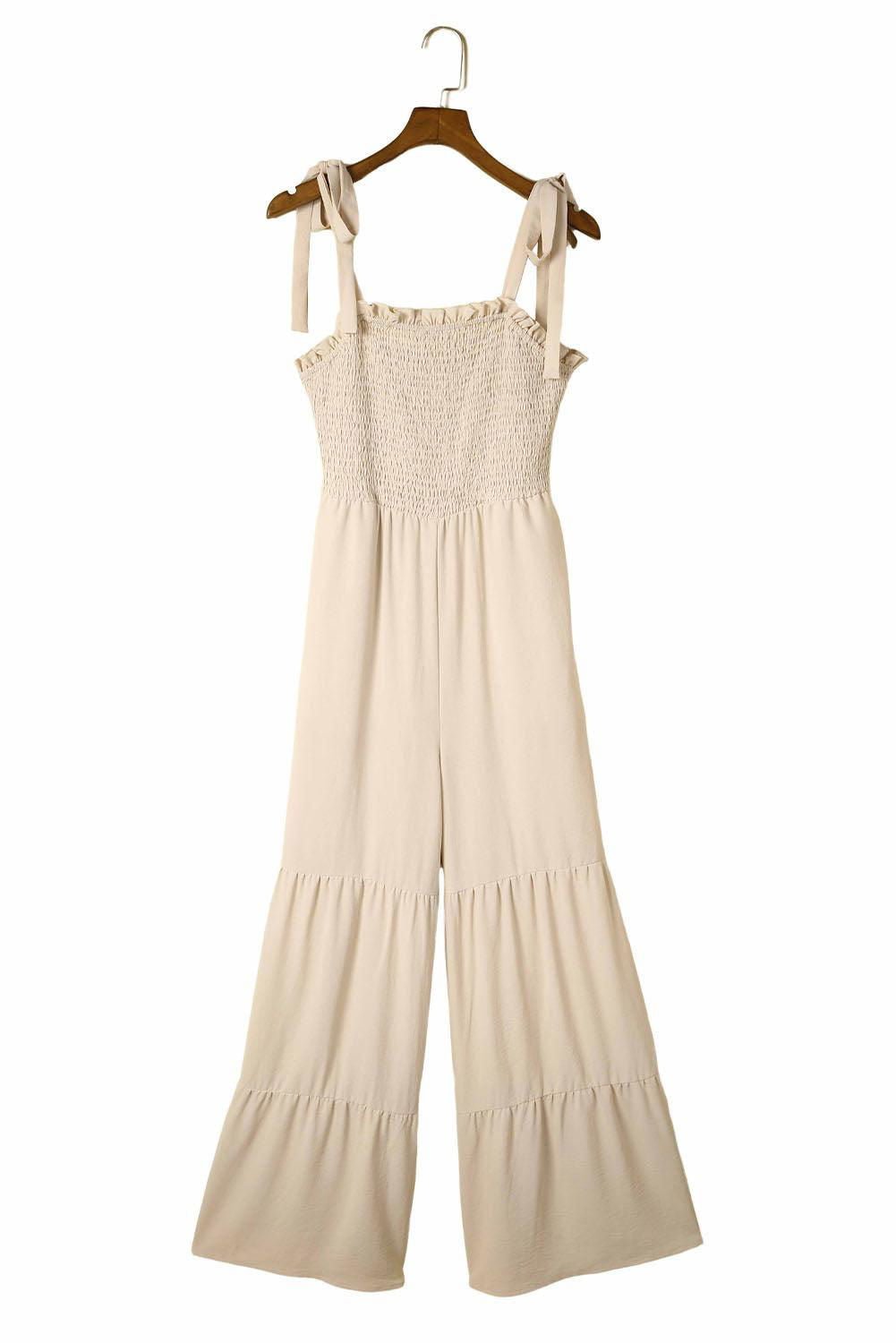 Apricot Tie Straps Shirred Casual Tiered Wide Leg Jumpsuit - Vesteeto