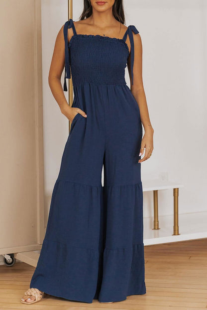 Apricot Tie Straps Shirred Casual Tiered Wide Leg Jumpsuit - Vesteeto