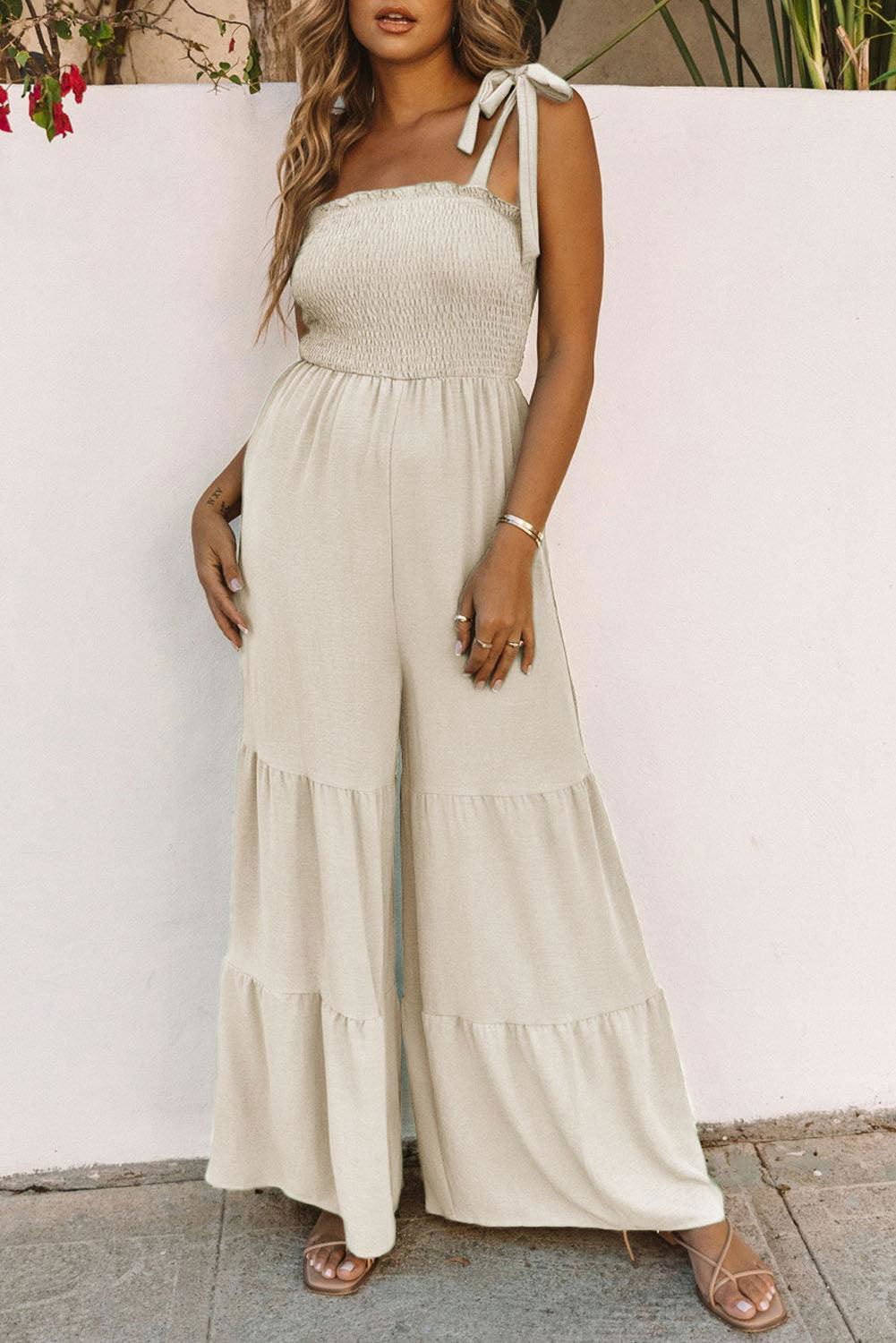 Apricot Tie Straps Shirred Casual Tiered Wide Leg Jumpsuit - Vesteeto