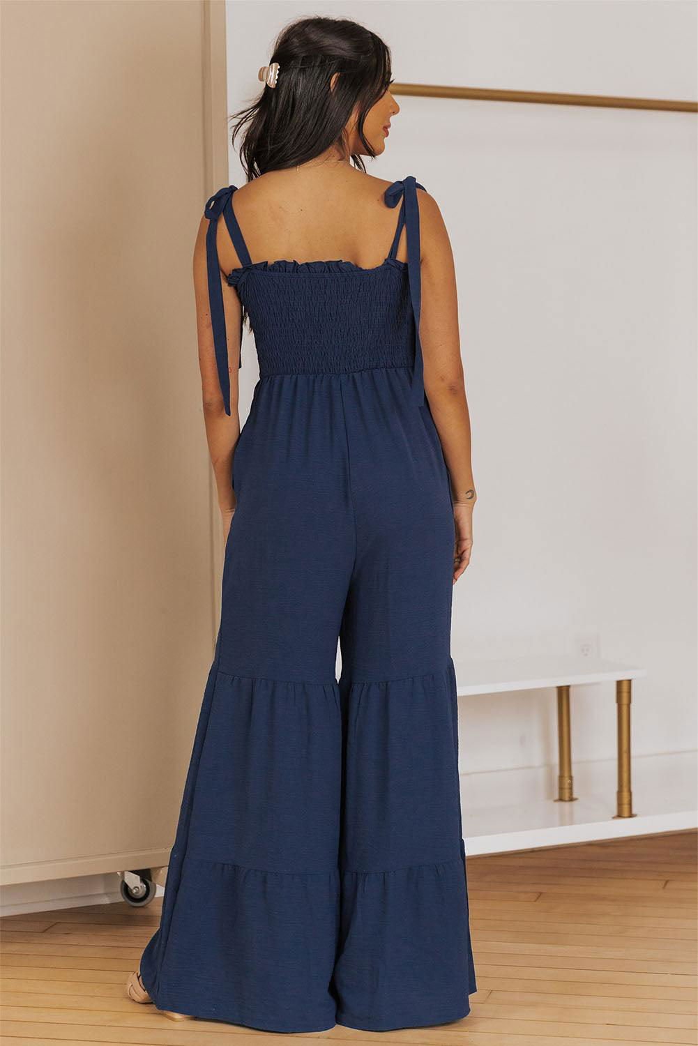 Apricot Tie Straps Shirred Casual Tiered Wide Leg Jumpsuit - Vesteeto