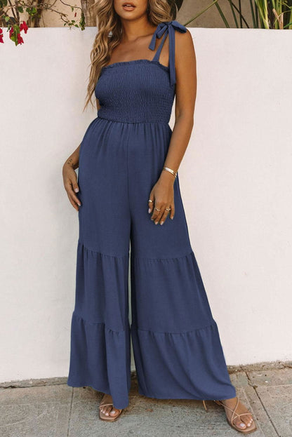 Apricot Tie Straps Shirred Casual Tiered Wide Leg Jumpsuit - Vesteeto