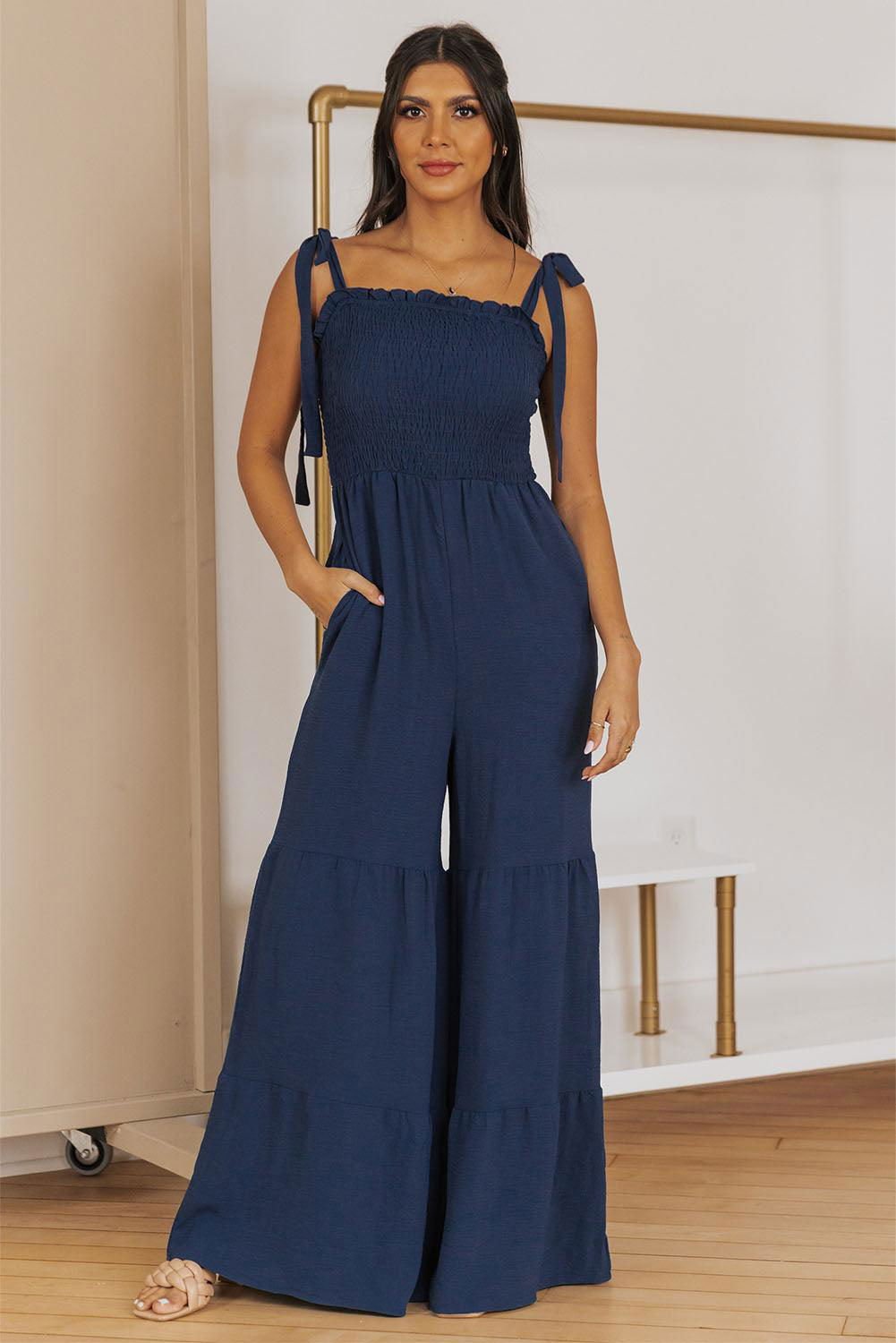 Apricot Tie Straps Shirred Casual Tiered Wide Leg Jumpsuit - Vesteeto