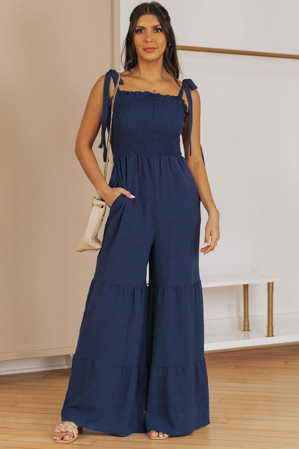 Apricot Tie Straps Shirred Casual Tiered Wide Leg Jumpsuit - Vesteeto