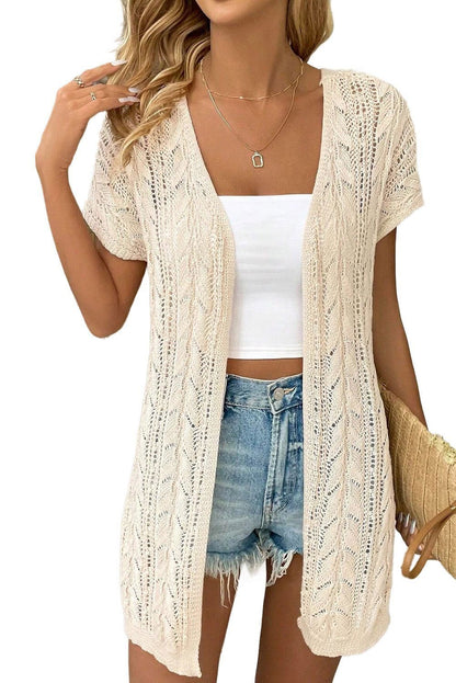 Apricot Vacation Hollowed Knit Short Sleeve Cardigan - Vesteeto