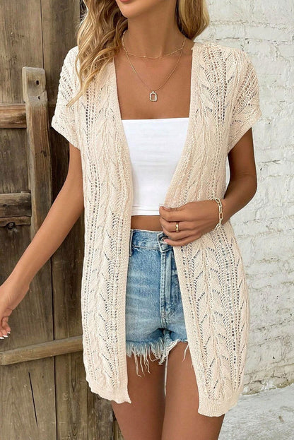 Apricot Vacation Hollowed Knit Short Sleeve Cardigan - Vesteeto