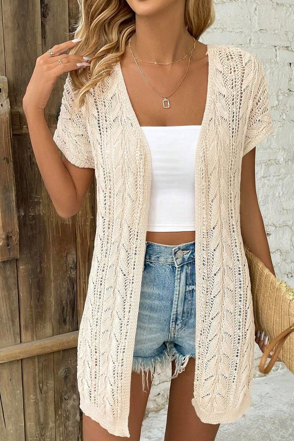 Apricot Vacation Hollowed Knit Short Sleeve Cardigan - Vesteeto