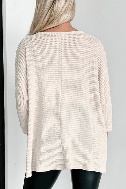 Apricot Waffle Knit Splits Batwing Sleeve Oversized Top - Vesteeto