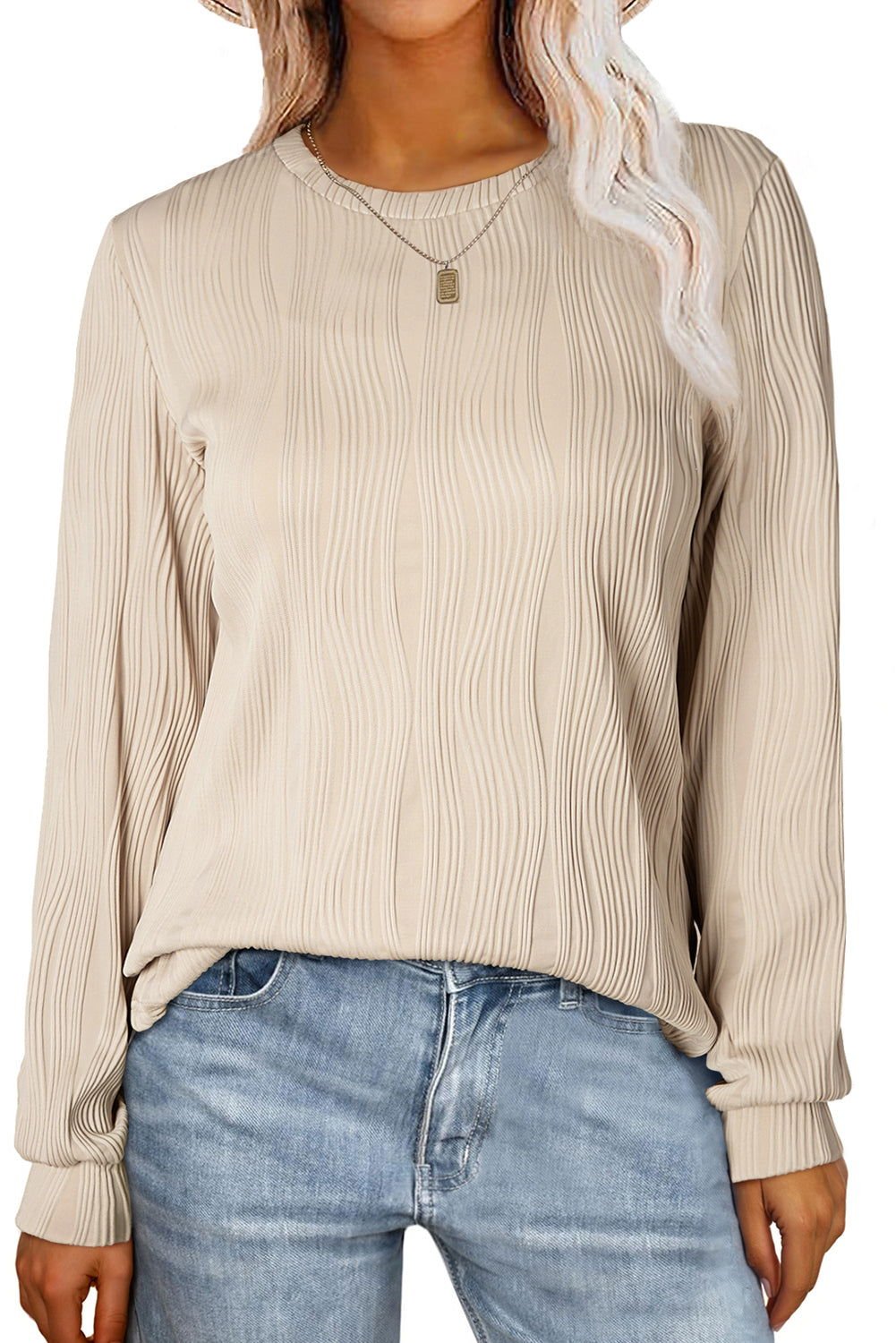 Apricot Wavy Textured Solid Color Drop Shoulder Pullover Top - Vesteeto