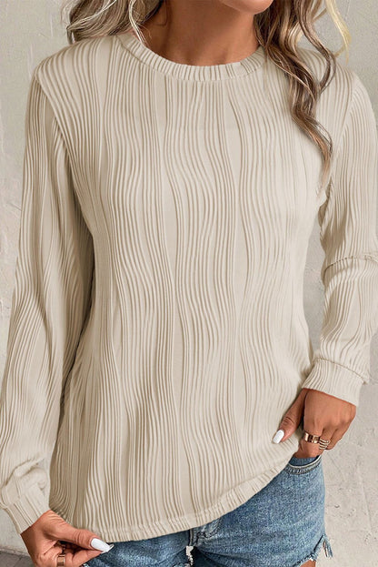 Apricot Wavy Textured Solid Color Drop Shoulder Pullover Top - Vesteeto