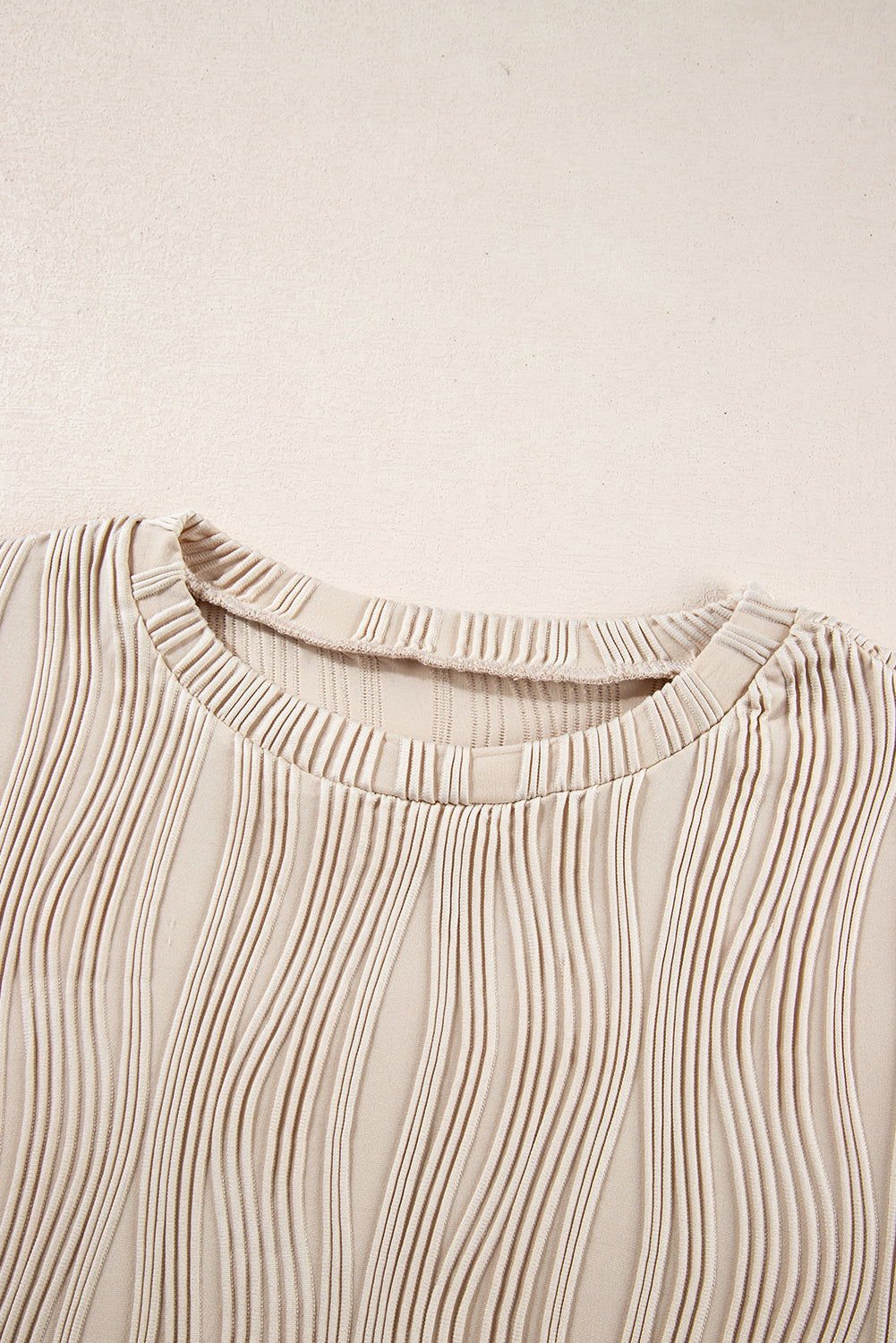 Apricot Wavy Textured Solid Color Drop Shoulder Pullover Top - Vesteeto