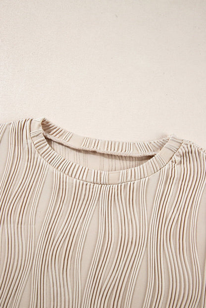 Apricot Wavy Textured Solid Color Drop Shoulder Pullover Top - Vesteeto