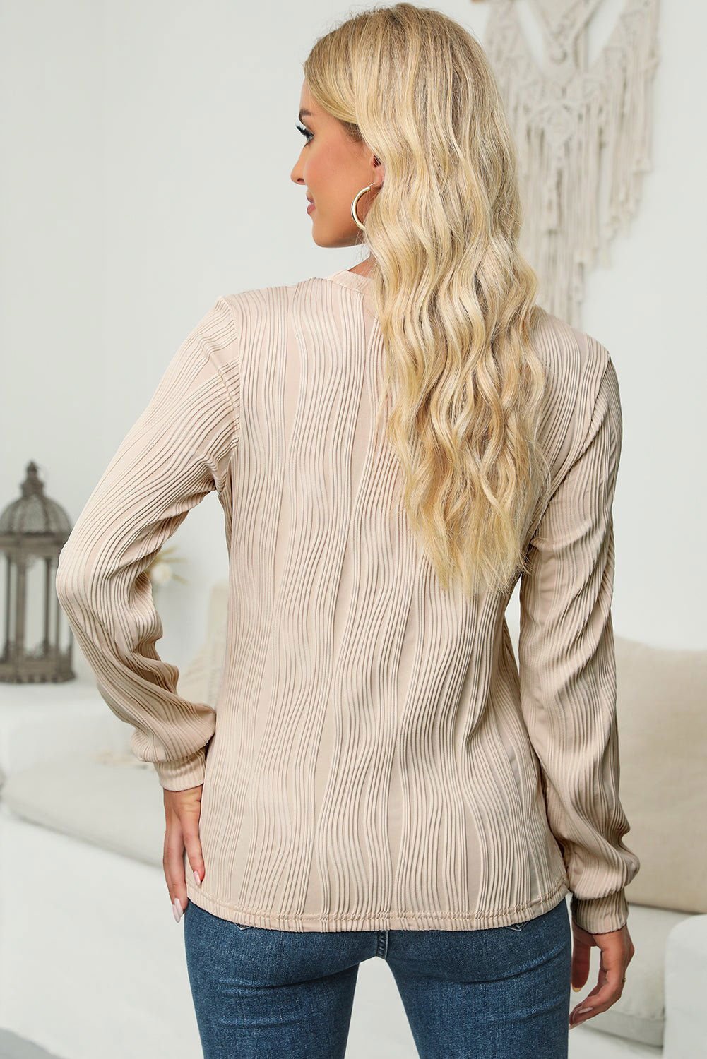 Apricot Wavy Textured Solid Color Drop Shoulder Pullover Top - Vesteeto