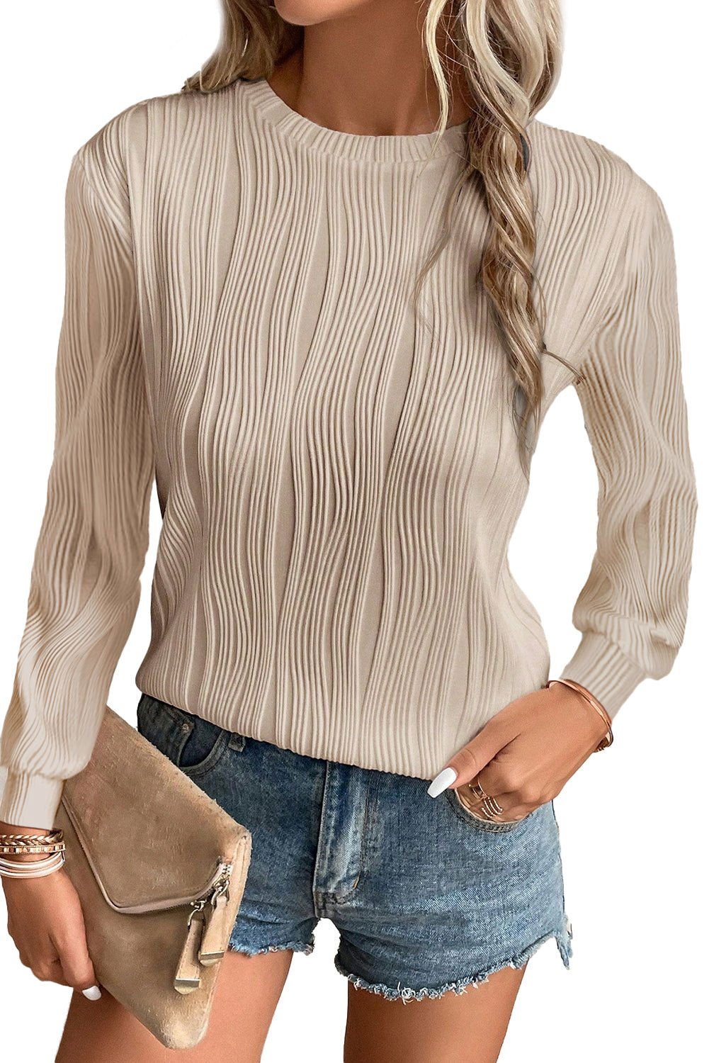 Apricot Wavy Textured Solid Color Drop Shoulder Pullover Top - Vesteeto