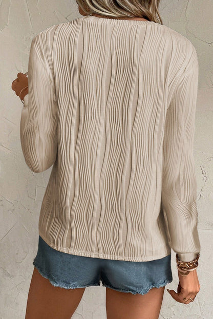 Apricot Wavy Textured Solid Color Drop Shoulder Pullover Top - Vesteeto