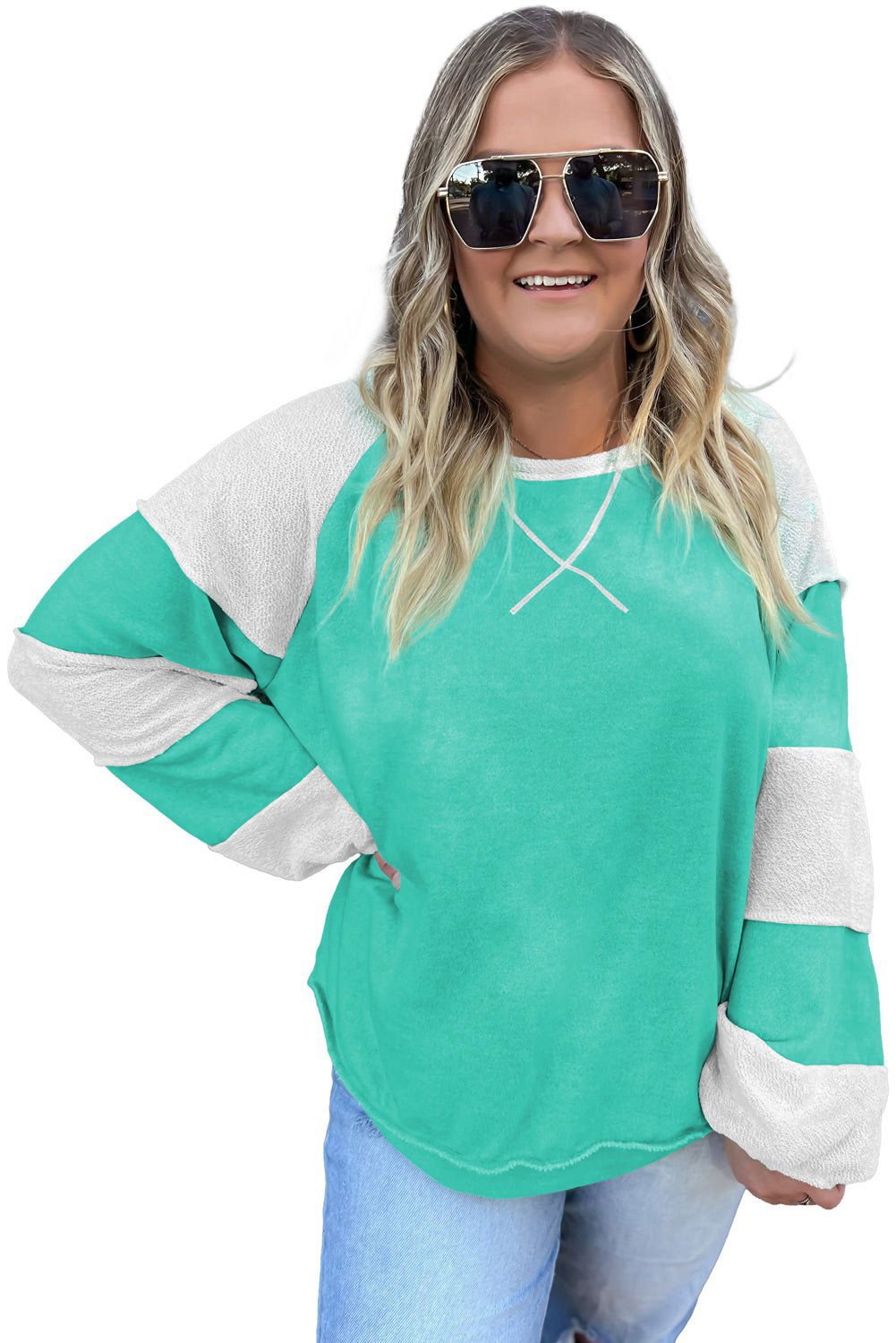 Aruba Blue Colorblock Patchwork Plus Sweatshirt - Vesteeto