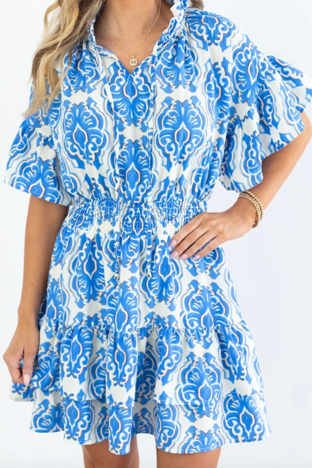 Ashleigh Blue Abstract Print Smocked Waist Tiered Mini Dress - Vesteeto