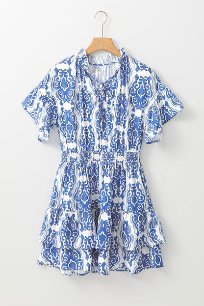 Ashleigh Blue Abstract Print Smocked Waist Tiered Mini Dress - Vesteeto