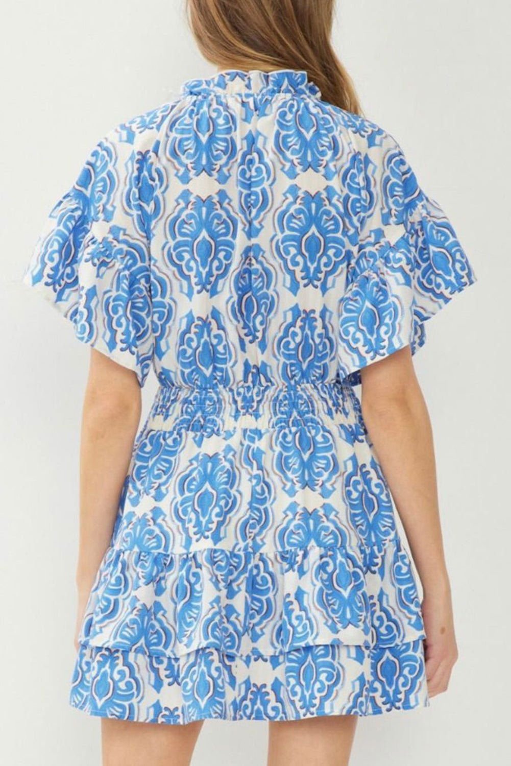 Ashleigh Blue Abstract Print Smocked Waist Tiered Mini Dress - Vesteeto