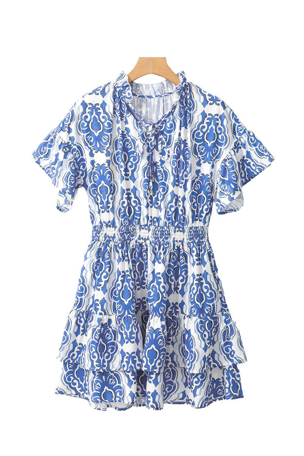 Ashleigh Blue Abstract Print Smocked Waist Tiered Mini Dress - Vesteeto