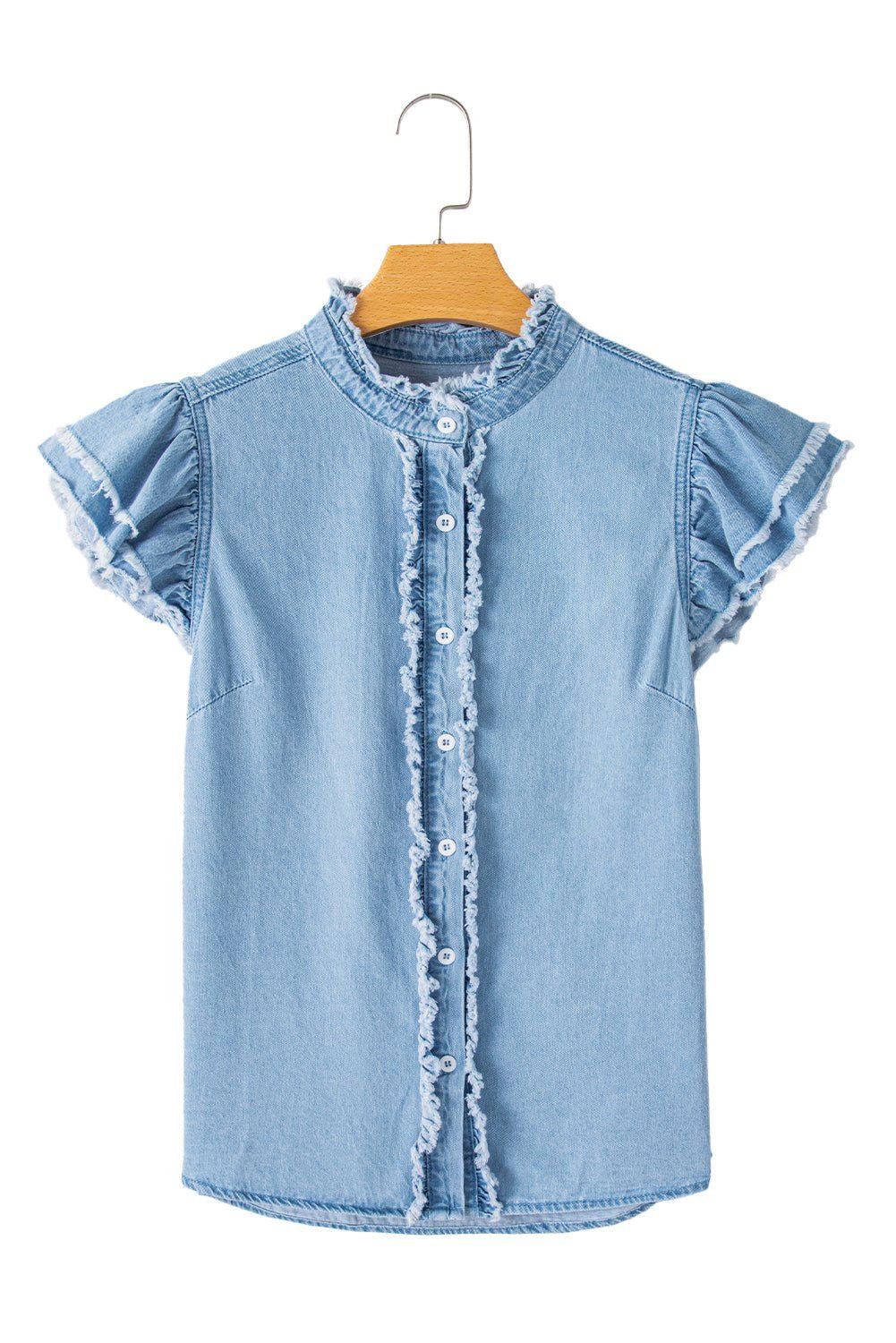 Ashleigh Blue Button Front Ruffled Flutter Frayed Denim Top - Vesteeto