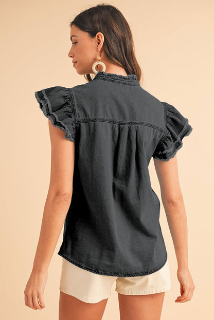 Ashleigh Blue Button Front Ruffled Flutter Frayed Denim Top - Vesteeto