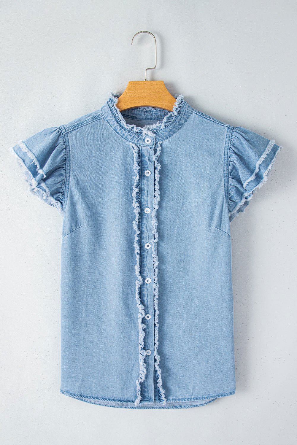 Ashleigh Blue Button Front Ruffled Flutter Frayed Denim Top - Vesteeto