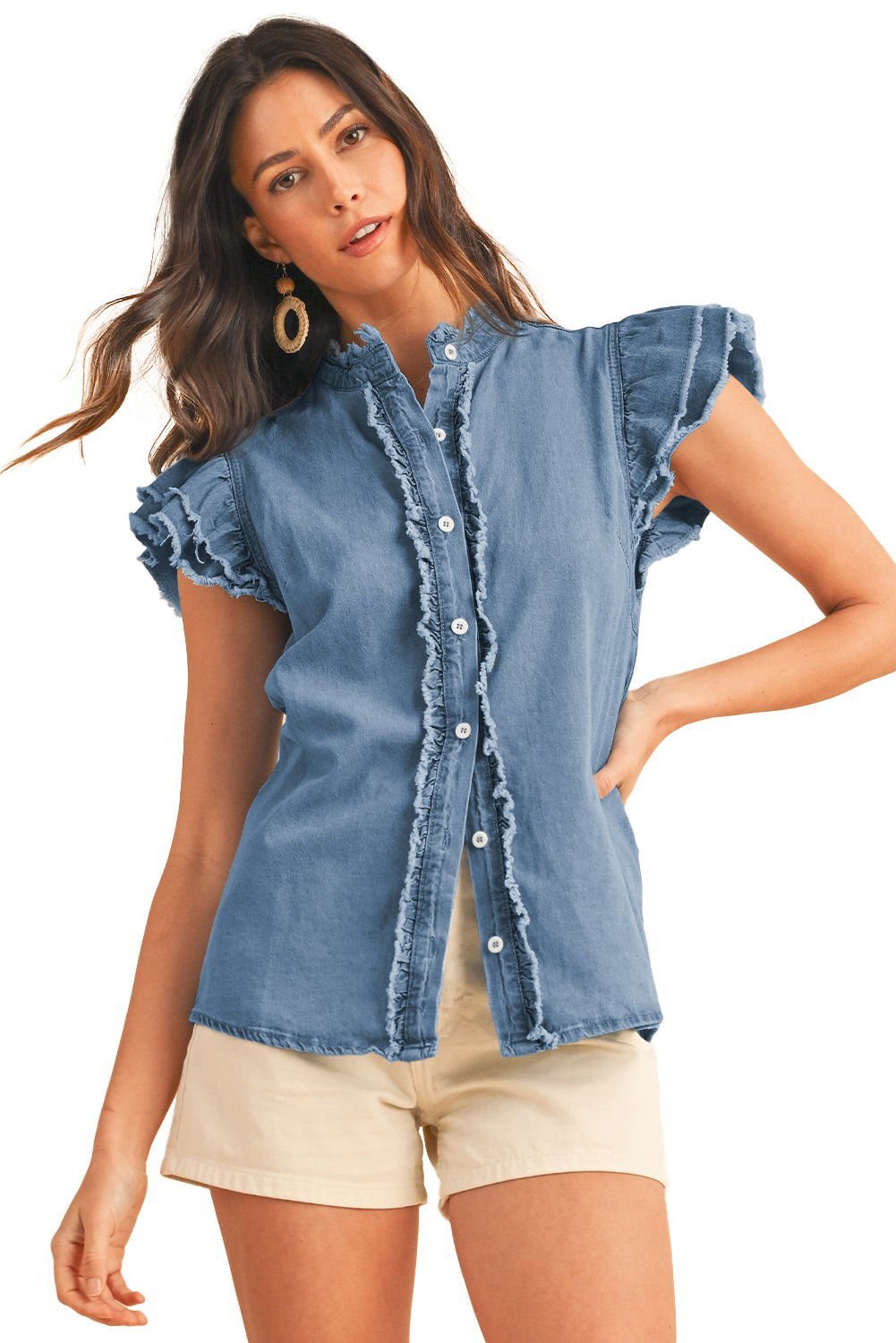 Ashleigh Blue Button Front Ruffled Flutter Frayed Denim Top - Vesteeto