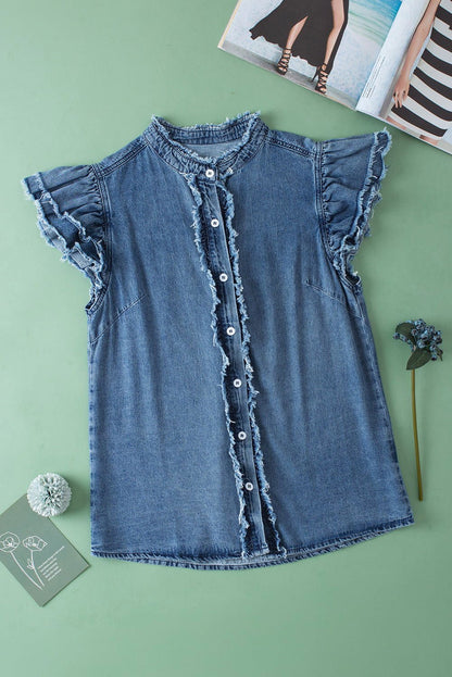 Ashleigh Blue Button Front Ruffled Flutter Frayed Denim Top - Vesteeto