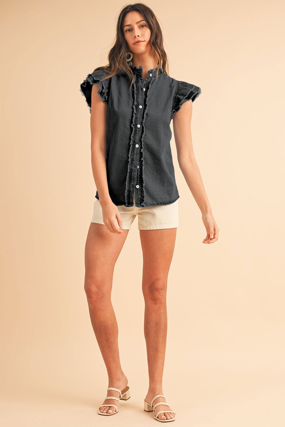 Ashleigh Blue Button Front Ruffled Flutter Frayed Denim Top - Vesteeto