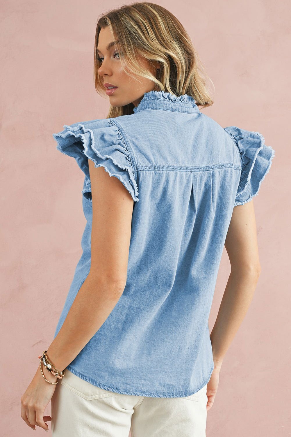 Ashleigh Blue Button Front Ruffled Flutter Frayed Denim Top - Vesteeto