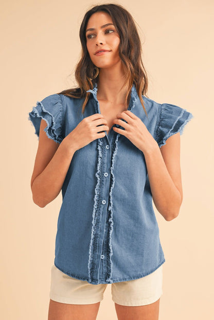 Ashleigh Blue Button Front Ruffled Flutter Frayed Denim Top - Vesteeto