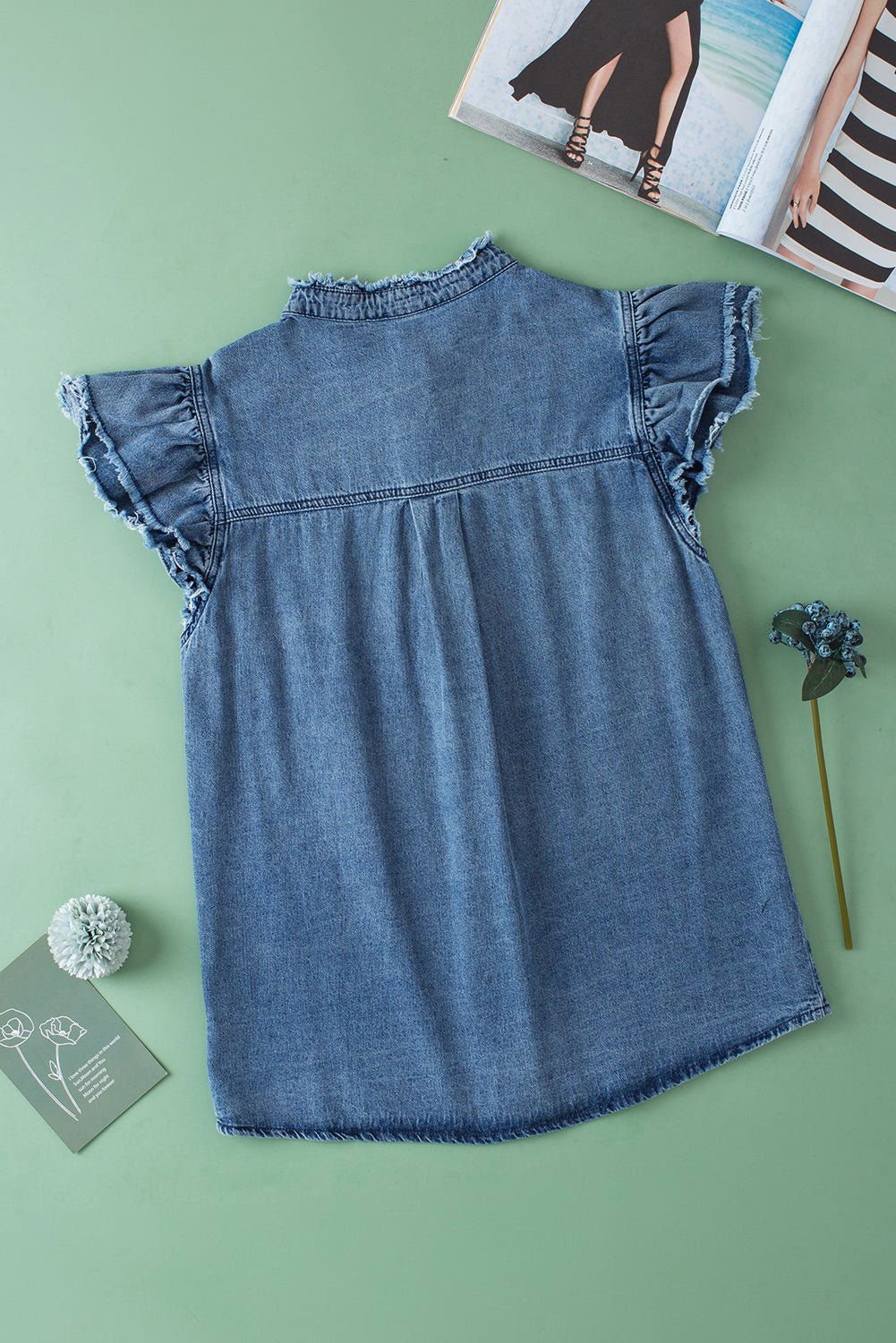 Ashleigh Blue Button Front Ruffled Flutter Frayed Denim Top - Vesteeto