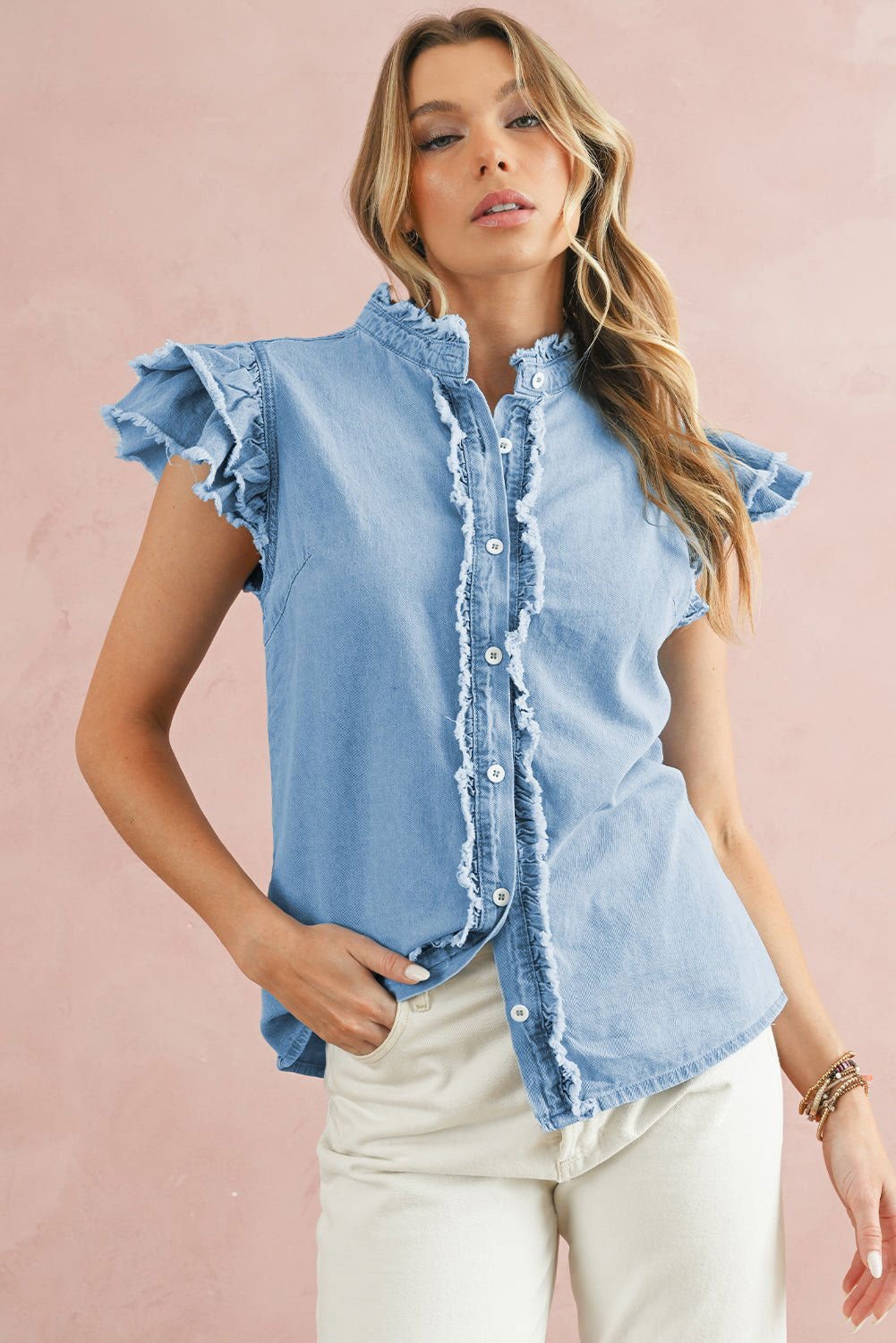 Ashleigh Blue Button Front Ruffled Flutter Frayed Denim Top - Vesteeto