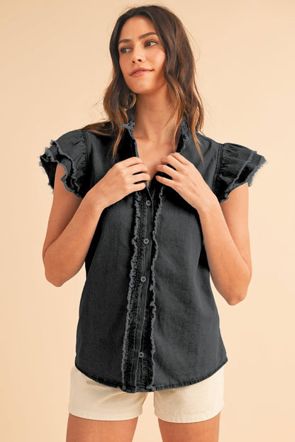 Ashleigh Blue Button Front Ruffled Flutter Frayed Denim Top - Vesteeto