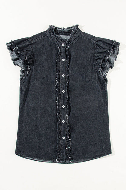 Ashleigh Blue Button Front Ruffled Flutter Frayed Denim Top - Vesteeto