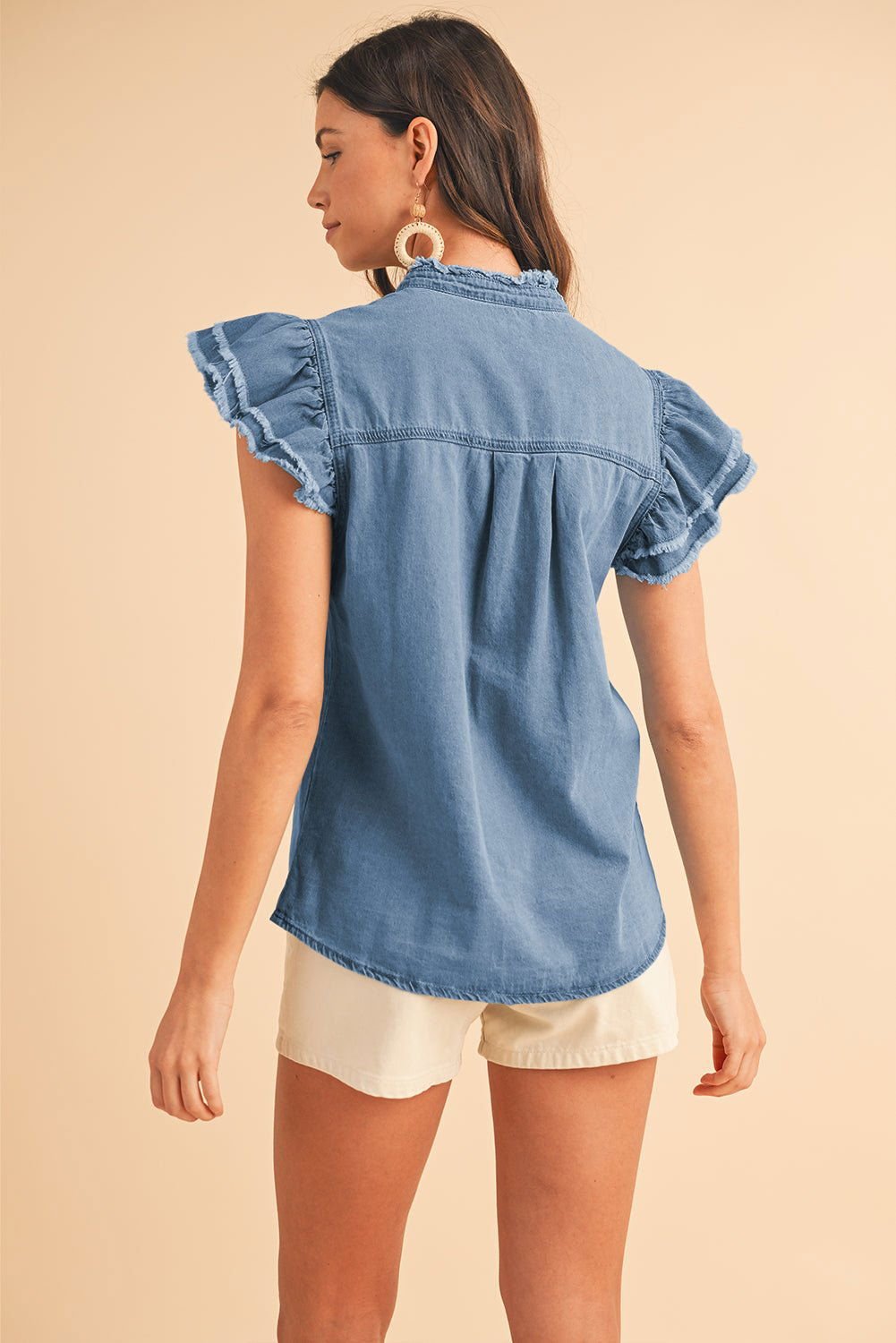 Ashleigh Blue Button Front Ruffled Flutter Frayed Denim Top - Vesteeto