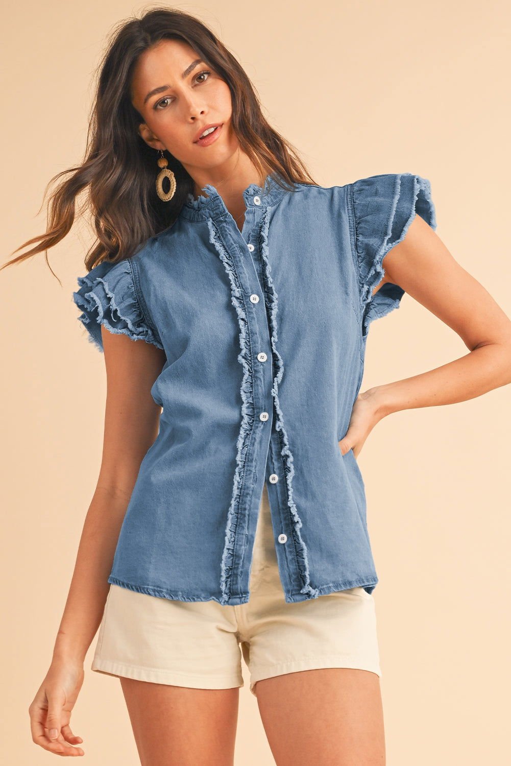 Ashleigh Blue Button Front Ruffled Flutter Frayed Denim Top - Vesteeto