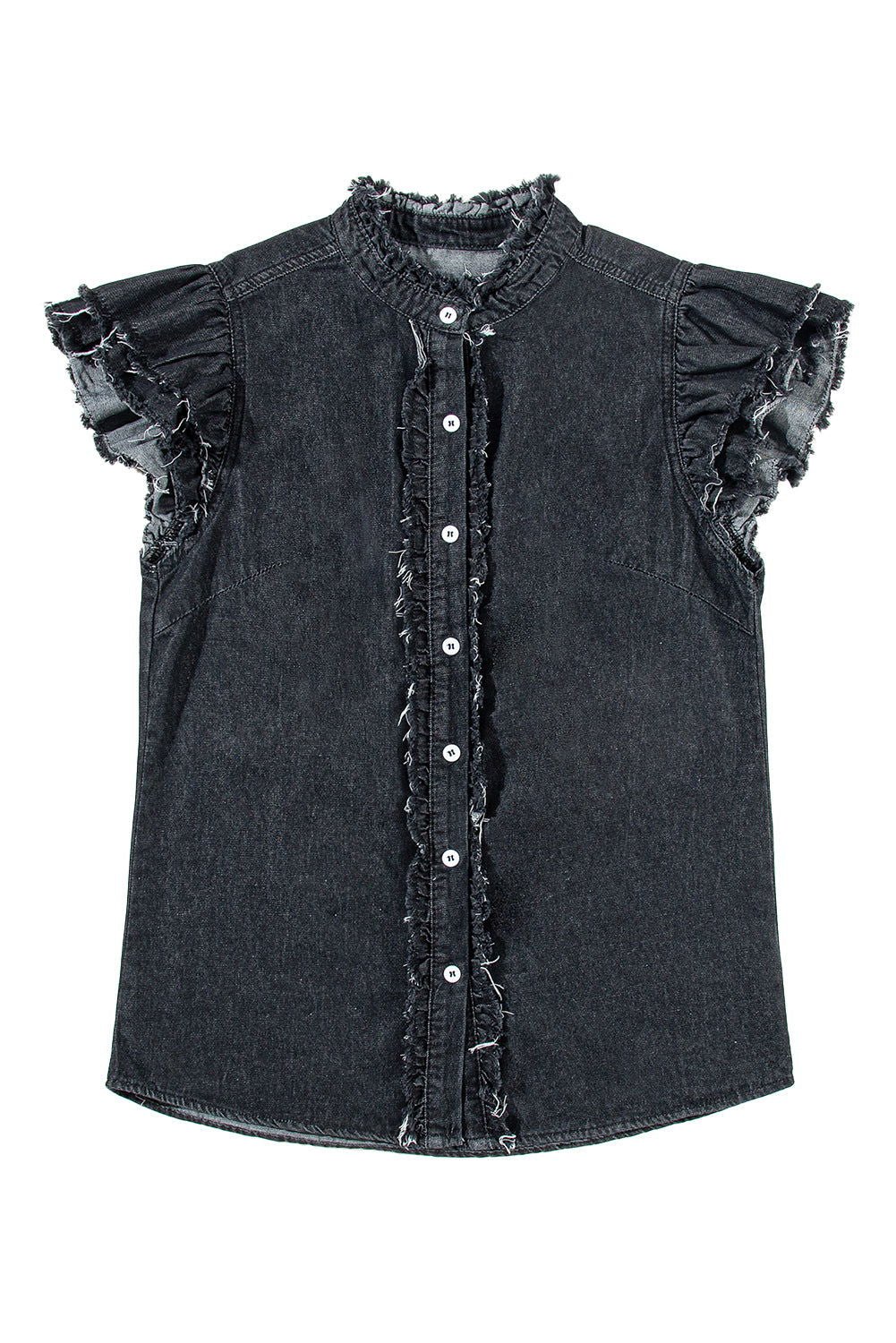 Ashleigh Blue Button Front Ruffled Flutter Frayed Denim Top - Vesteeto