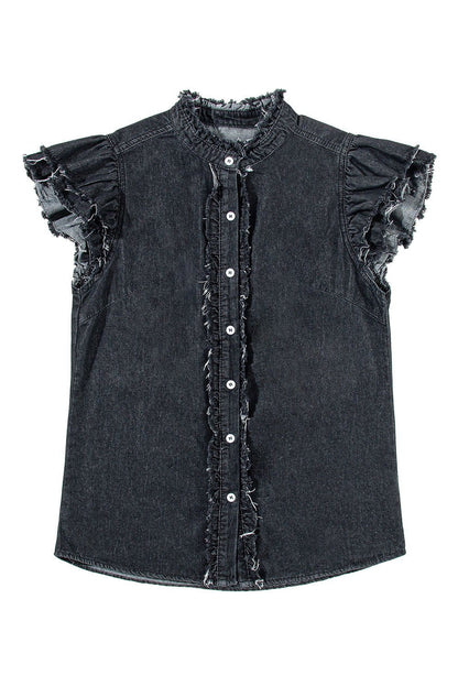 Ashleigh Blue Button Front Ruffled Flutter Frayed Denim Top - Vesteeto