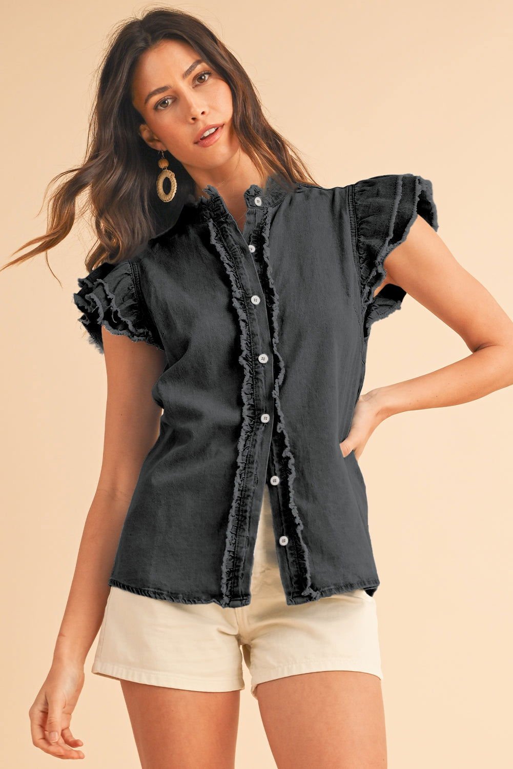 Ashleigh Blue Button Front Ruffled Flutter Frayed Denim Top - Vesteeto