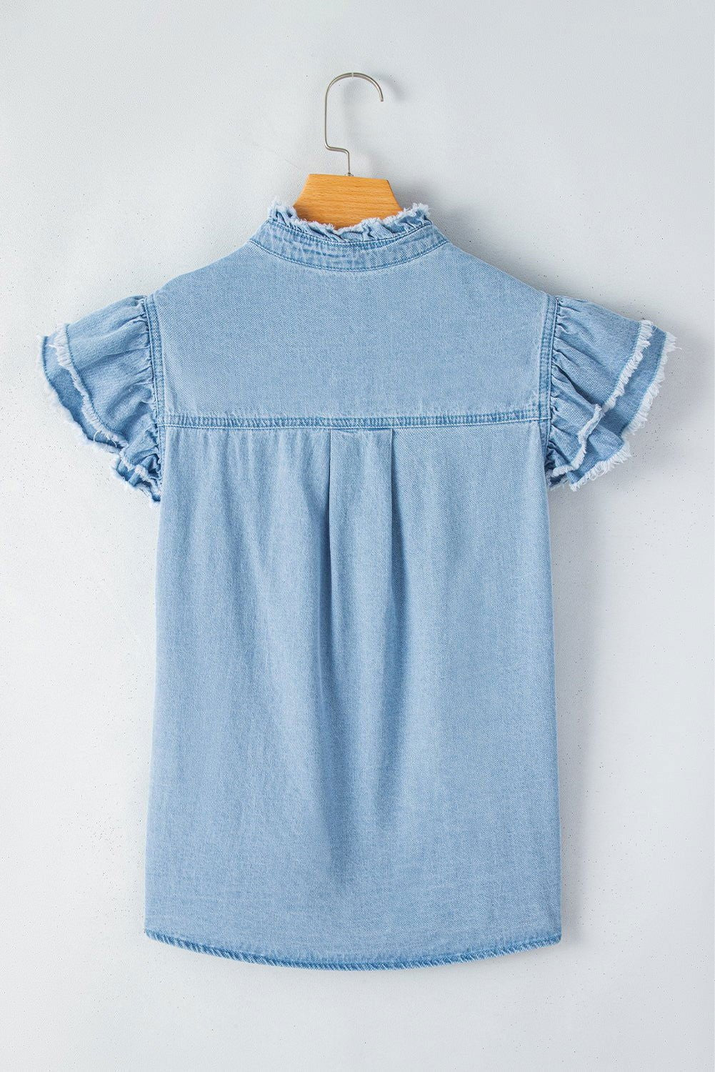 Ashleigh Blue Button Front Ruffled Flutter Frayed Denim Top - Vesteeto