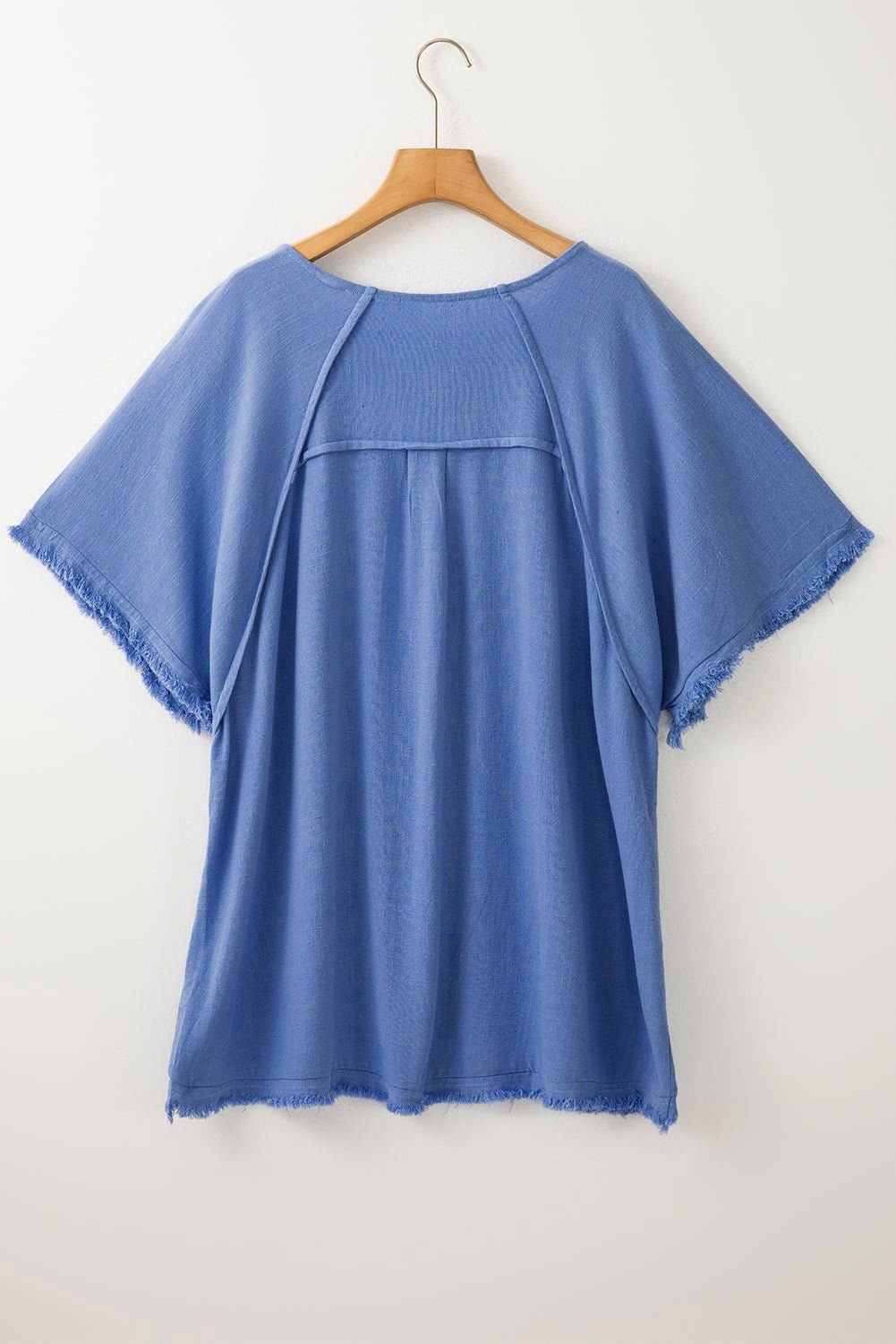 Ashleigh Blue Solid Color Frill Short Sleeve Frayed Hem Plus Top - Vesteeto