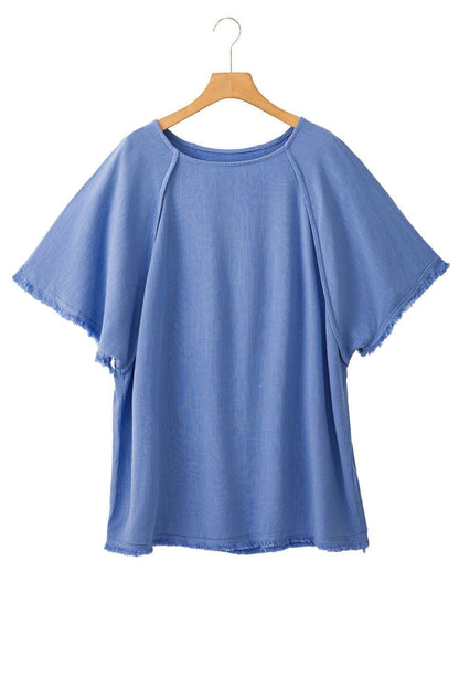 Ashleigh Blue Solid Color Frill Short Sleeve Frayed Hem Plus Top - Vesteeto